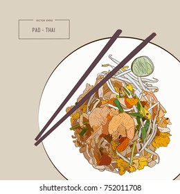 Pat Thai stir  fried rice noodle local Thailand food  hand draw sketch vector 