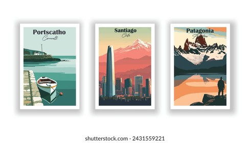 Patagonia, Argentina. Portscatho, Cornualles. Santiago, Chile - Set de 3 Carteles de Viajes Vintage. Ilustración vectorial. Impresiones de alta calidad