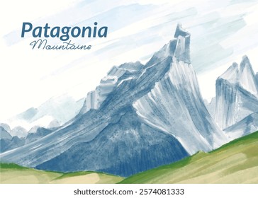 Patagonia Mountains Vector Illlustration with Water Color Style