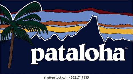 Design de camiseta Pataloha com tês de cor clara e bonés, Palm tree aventuras montanhas com ver ao lado dele, azul escuro temático internacional montanha ilustração destino, 