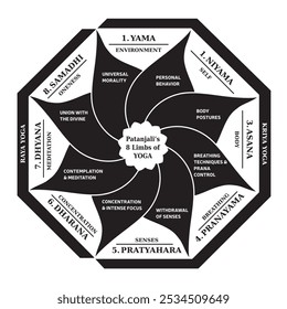 Patanjali's Eight Limbs Of Yoga - Ilustración Multicolor Blanco y Negro