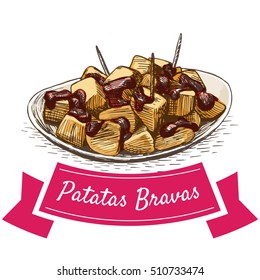 Patatas bravas colorful illustration. Vector illustration of Spanish cuisine.