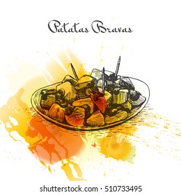 Patatas bravas colorful watercolor effect illustration. Vector illustration of Spanish cuisine.