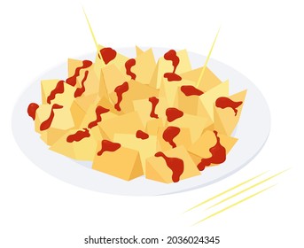 Patatas bravas traditional Spanish potatoes snack. Tapas in plate with toothpicks vector illustration isolated on white.