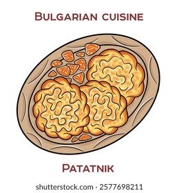 Patatnik is a traditional Bulgarian dish made from grated potatoes, onions, cheese, and spices, baked until golden and crispy.