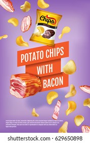 Patato chips ads. Vector realistic illustration with potato chips with bacon. Vertical poster with product.