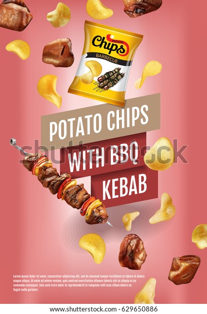 パタトチップス広告 qケバブのポテトチップスを使ったベクターリアルなイラスト 製品と縦書きポスター のベクター画像素材 ロイヤリティフリー