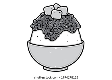 Patbingsu. This is a popular Korean shaved ice dessert with sweet toppings that may include chopped fruit, condensed milk, fruit syrup, and red beans. Vector line art illustration.