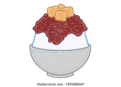 Patbingsu. This is a popular Korean shaved ice dessert with sweet toppings that may include chopped fruit, condensed milk, fruit syrup, and red beans. Vector illustration.