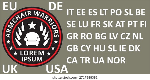 Un parche de guerreros de sillón con un conjunto de abreviaturas de diferentes países