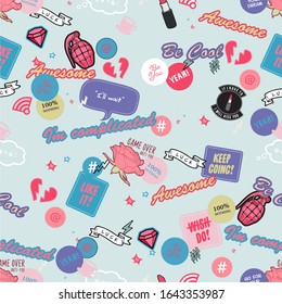patch badge lipstick heart funny text vector seamless pattern