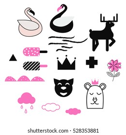 Patch badge pins vector design. Black, pink and white fun sticker illustrations.