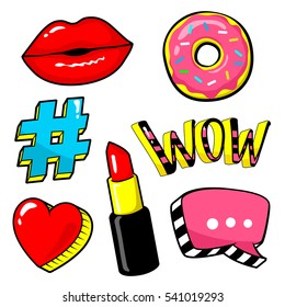 Patch badge set isolated on white. Lipstick, Speech bubble, hashtag, wow, heart, donut, kiss pin, sticker. Vector Fashion collection. Retro, pop art, cartoon, comic style 80s 90sfor print, web design
