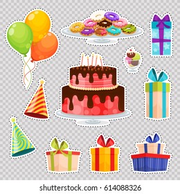 Patch badges with birthday cake, balloons, gift box, hats, ice cream, donuts and assorted lollipops. Set of stickers and patches with party elements in cartoon 80-90s comic style. Vector illustration