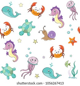 Patch Badges with cheerful crab, turtle, seahorse, starfish seamless pattern on a white background