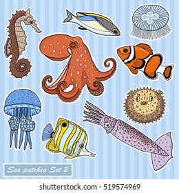 Patch badges collection with deep sea inhabitants.