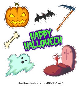 Patch badges collection of halloween attributes. quirky stickers with old cartoon comic style. vector set with pumpkin, bat, scythe, bone, happy halloween lettering text, ghost, raising from the grave