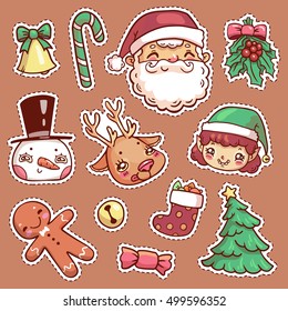 Patch badges of different Merry Christmas attributes in vector. Set of Happy New Year stickers, pins, magnets in cartoon comic style. Santa Claus, snowman, elf, deer, gingerbread man.