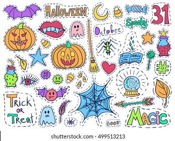 Patch badges Halloween set. Holiday doodles vector. Halloween stickers. Sketch pins with pumpkins, ghost, crystal ball, candy, witch tools, spider web. Social media hashtag and emoticons.