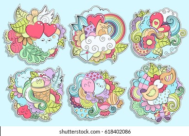 Patch badges with heart, cat, butterfly, rainbow, flower, cloud, bird, ice cream, balloon, strawberry, gift. Set of stickers, pins, patches in cartoon comic style. Isolated doodle vector illustration