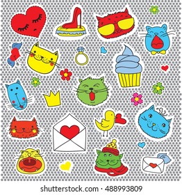 Patch badges with hearts, cats, flowers and other elements.Set of stickers, pins, patches in cartoon 80s-90s comic style.