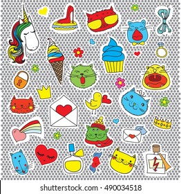Patch badges with hearts, cats, flowers, unicorn and other elements.Set of stickers, pins, patches in cartoon 80s-90s comic style.