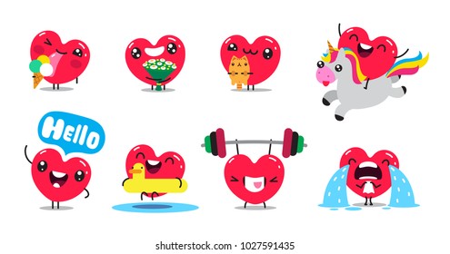 Patch badges with hearts characters in different situations and poses. Set of stickers, pins, patches in cartoon flat style. Vector illustration isolated on white background.