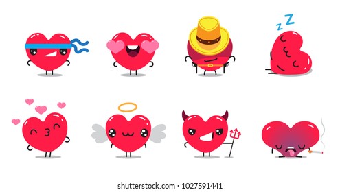 Patch badges with hearts characters in different situations and poses. Set of stickers, pins, patches in cartoon flat style. Vector illustration isolated on white background.