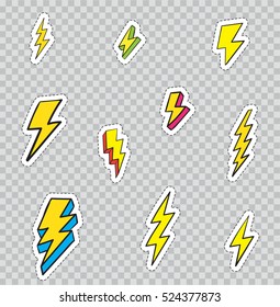 Patch Badges With Lightning. Vector Illustration Isolated On Transparent Background. Set Pack Of Stickers, Pins, Patches In Cartoon 80's - 90's Comic Style.