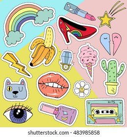 Patch badges with lips, hearts, stars,eyes,shoes,cat   and etc.Retro pop art style.Collection of stickers and patches in cartoon 80s-90s style.	
