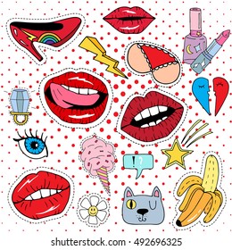 Patch badges with lips, hearts, stars,eyes,shoes,cat   and etc.Retro pop art style.Collection of stickers and patches in cartoon 80s-90s style.	
