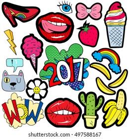 Patch badges with lips, hearts, stars,eyes,shoes,cat,banana,flower and etc.Retro pop art style.Collection of stickers and patches in cartoon 80s-90s style.	

