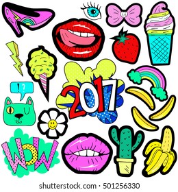 Patch badges with lips, hearts, stars,eyes,shoes,cat,banana,flower and etc.Retro pop art style.Collection of stickers and patches in cartoon 80s-90s style.	
