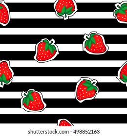patch badges on a striped background. patch badges vector illustration fruits. strawberries on a striped background. berry seamless