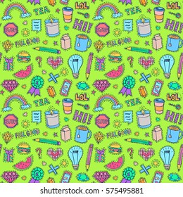 Patch badges pattern. Doodle sketch vector background. Comic stickers with words and retro style funny sketches. Social media funny badges texture. College fashionable pins.