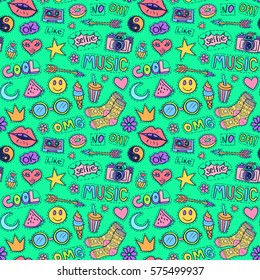 Patch badges pattern. Doodle sketch vector background. Comic stickers with words and retro style funny sketches. Social media funny patch badges texture. College fashionable pins.