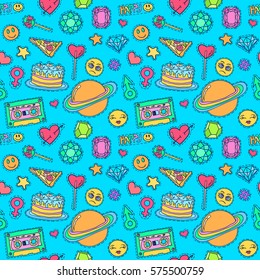 Patch badges pattern. Doodle sketch vector background. Comic stickers with words and retro style funny sketches. Social media funny badges texture. College fashionable pins pattern.