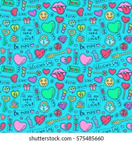 Patch badges pattern. Love symbols doodles. Romantic elements texture. Valentines day pattern. Hand drawn effect. Vector illustration for web design or printed products.