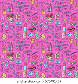 Patch badges pattern. Love symbols doodles. Romantic elements texture. Valentines day pattern. Hand drawn effect. Vector illustration for web design or printed products.