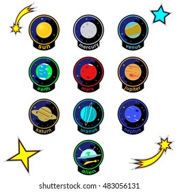 Patch badges with planets of solar system, stars, comets and alien spaceship. Vector patches for kid.