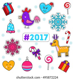 Patch badges with  rooster, reindeer, snowflake and other elements for 2017 New Year and Christmas. Set of stickers, patches, pins in comic style. 