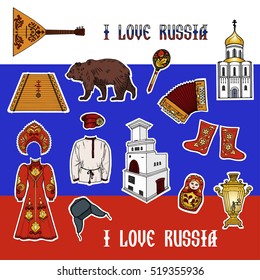 Patch badges in Russian style. Set of stickers, pins, patches.  Vector illustration.
