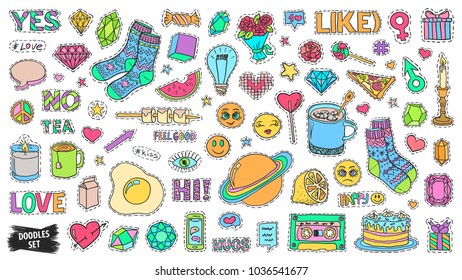 Patch badges set. Doodle sketch vector. Comic stickers. Social media emoji. Pop art. Cute and funny doodles. College fashionable pins.