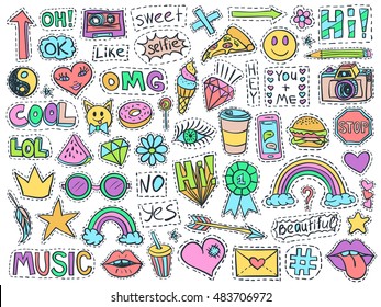 Patch badges set. Doodle sketch vector. Comic stickers with words, lips, rainbow, ice cream, hearts, glasses, arrow and diamonds. Social media funny badges. College fashionable pins.