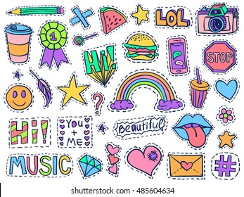 Patch badges set. Doodle sketch vector. Comic stickers with words, lips, rainbow, ice cream, hearts, glasses, arrow and diamonds. Social media funny badges. College fashionable pins.