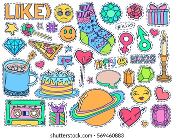 Patch badges set. Doodle sketch vector. Comic stickers with words and retro style funny sketches. Social media funny badges. College fashionable pins.