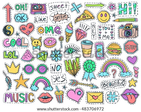 Patch badges set. Doodle sketch vector. Comic stickers with words, lips, rainbow, ice cream, hearts, glasses, arrow and diamonds. Social media funny badges. College fashionable pins.