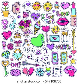 Patch badges set. Love symbols doodles. Romantic elements collection. Valentines day elements. Hand drawn effect. Vector illustration for web design or printed products.