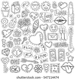 Patch badges set. Love symbols doodles. Romantic elements collection. Valentines day elements. Hand drawn effect. Vector illustration for web design or printed products.