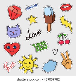 Patch badges set. Stickers, pins, patches with stars, sun, lips, cat, ice-cream and handwritten notes collection in cartoon style